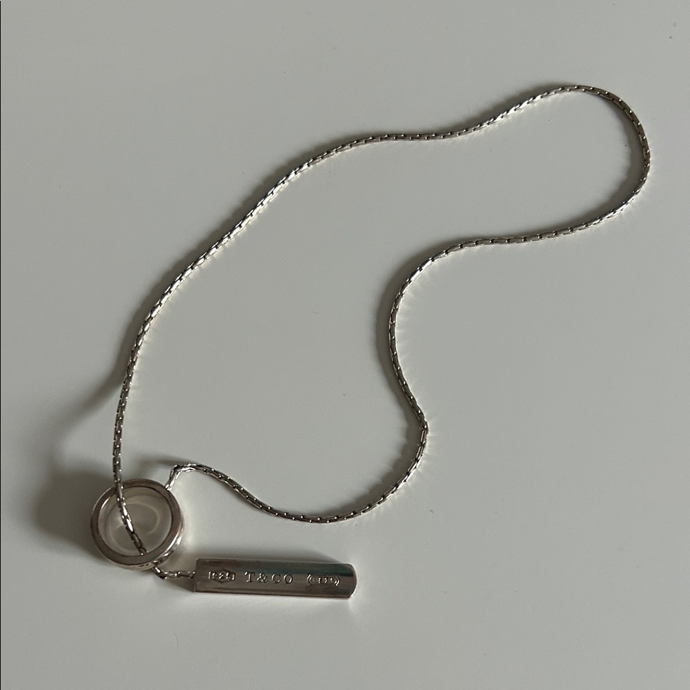 Authentic Tiffany&Co. SterlingSilver 1837 Bar Pendant&Interlocking Ring Necklace